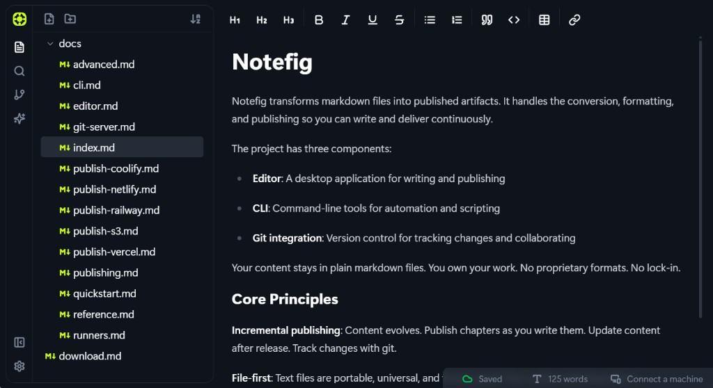 The Notefig homepage: stone paper page around a framed dark editor